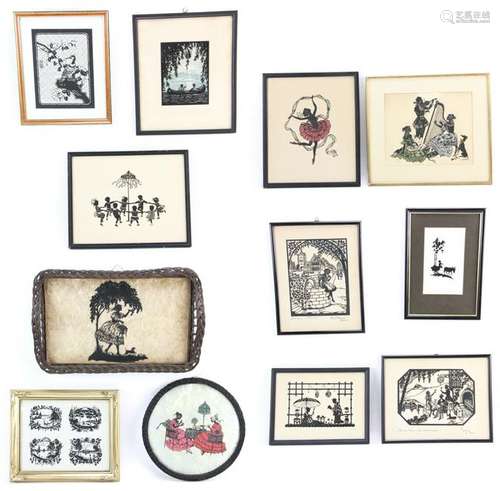 Framed Silhouette Pictures and a Wicker Tray