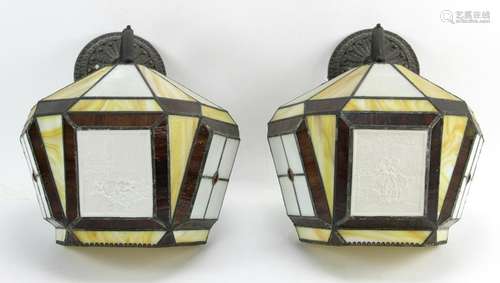 Pair of Lithophane and Leaded Slag Glass Wall Lamps