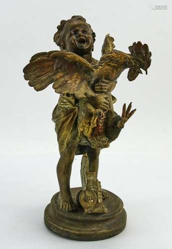 Bronze Sculpture of Child with Rooster