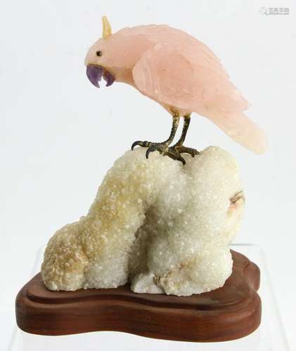 Carved Rose Quartz and Amethyst Cockatoo