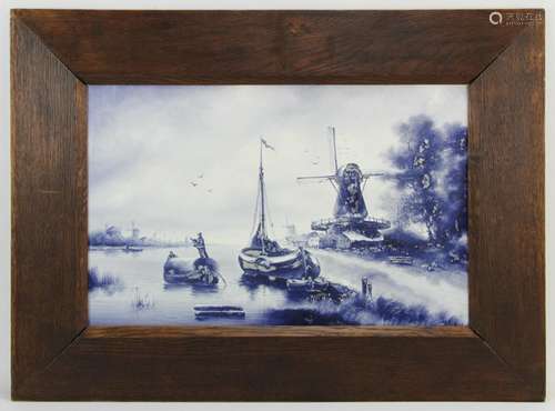 Signed Delft Porcelain Plaque in Oak Frame