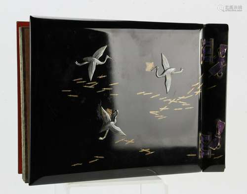 Japanese Lacquered Scrapbook w/ Silver Cranes