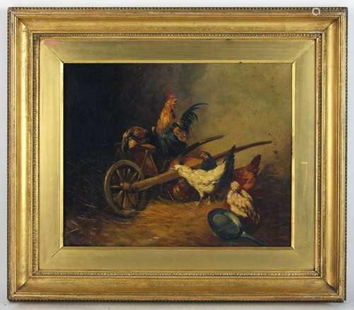 19thC Oil on Canvas of Rooster and Chickens