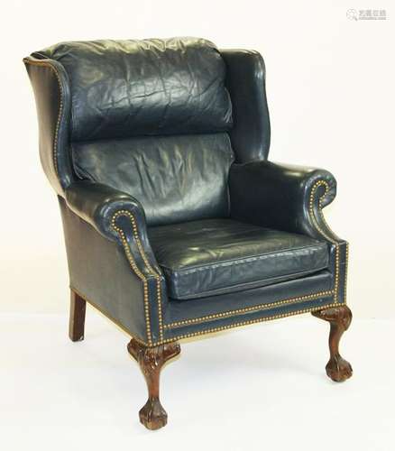 Fine Blue Leather Wing Chair, Hancock Moore