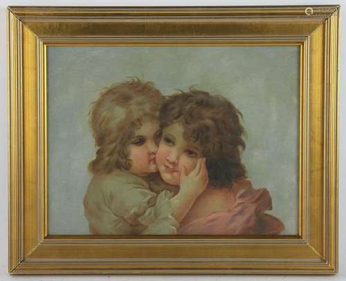 19thC Oil on Board of Two Children Hugging