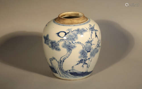 Qing Kangxi blue and white pine bamboo plum pot