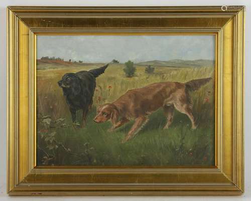 19thC Oil on Board of Two Hunting Dogs