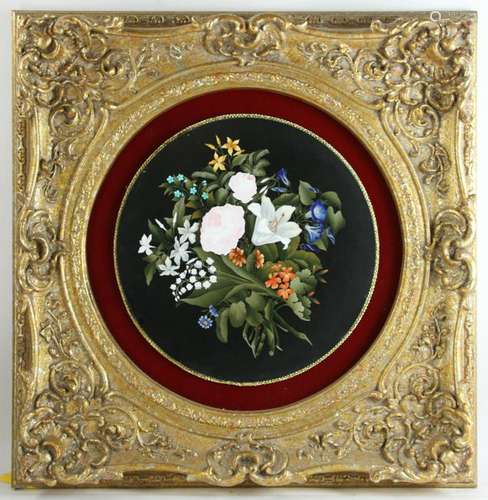 Pietra Dura Round Plaque of Floral Bouquet