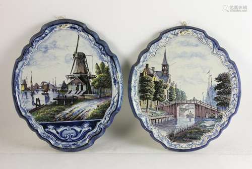 Two Shield Shaped Polychrome Delft Plaques