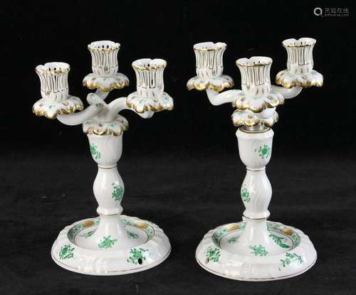 Pair of Herend Chinese Bouquet Green Candelabra