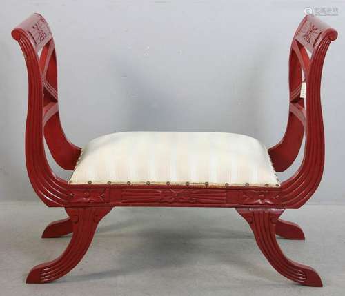 French Style Red Painted Upholstered Bench