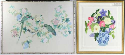 Two Floral Watercolors, one Chinese