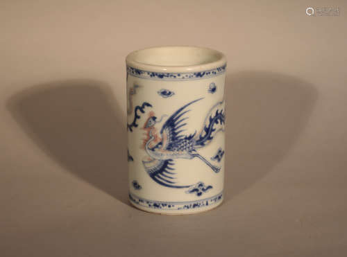 Qing Kangxi blue and white glaze red Shuangfeng penholder