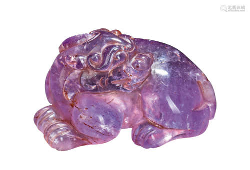 清代 紫罗兰狮形水晶摆件