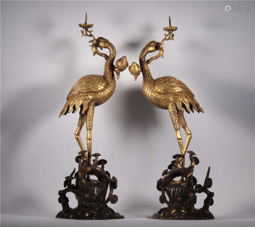 A pair of Bronze Crane Wax platform in Qianlong, Qing Dynasty