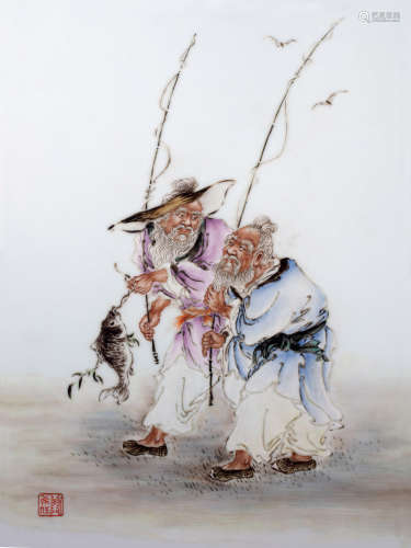 刘希任 1906～1967 粉彩姜太公钓鱼瓷板画