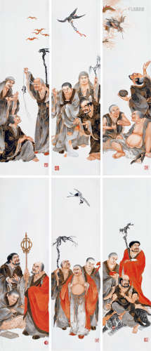 王大凡 1888～1961 金粉彩十八罗汉瓷板画 （六块）