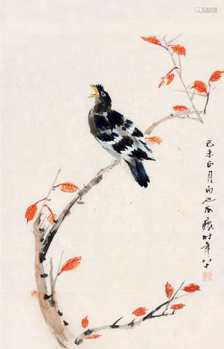 1979年作 滕白也 1900～1980 红叶小鸟  镜片  设色纸本