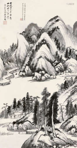 1932年作 吴湖帆 1894～1968 古木晴川 立轴  设色纸本