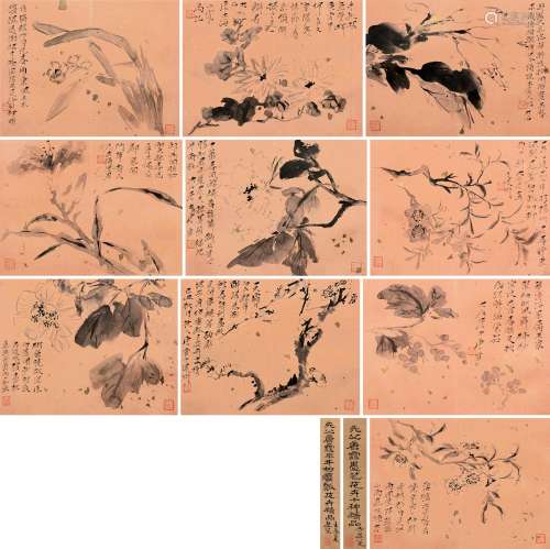 1949年作 唐云 1910～1993 花卉册 册页 （十开） 设色纸本