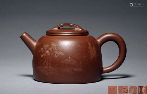 九十年代 夏俊伟制 堆泥绘禅茶壶