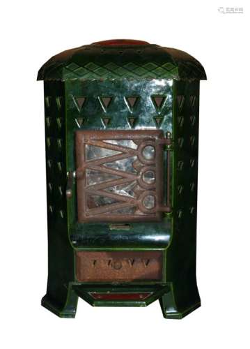 A 1928 Art Deco Nestor Martin Belgique Spid solid fuel green enamel stove. Retains almost all of its