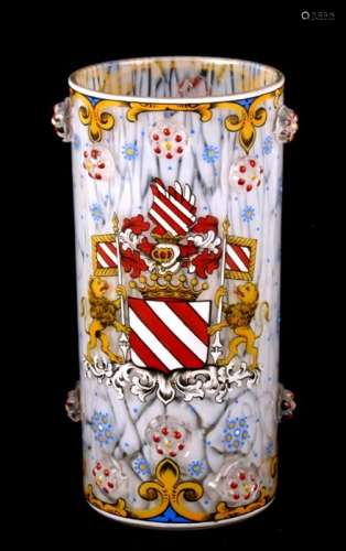 A 19th century Bohemian Historismus armorial glass vase, with ornate enamelled crest and applied