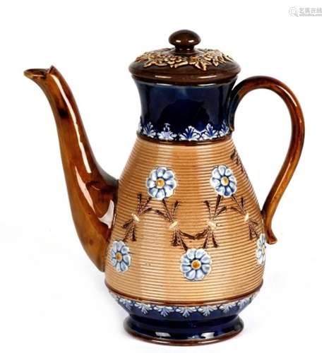 A Doulton Lambeth coffee pot decorated with flowers, 20cms (8ins) high.