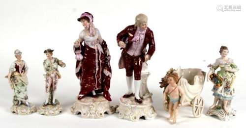 Six continental porcelain figures, to include a Sitzendorf cherub, the largest 26cms (10.25ins)