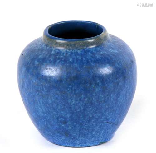 A small early 20th century high fired blue glazed Ruskin style vase, unmarked, 7.5cm (3 ins) high.