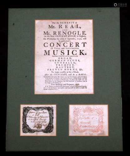 An 18th century concert advert; together with two tickets, New Concert Room, Gosport, 26th September