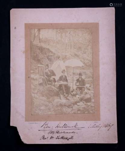 A mid 19th century photograph of three listed artists all painting the same scene in Whitby,