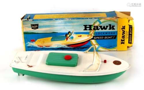 A Sutcliffe Hawk clockwork speedboat in original box, with key.