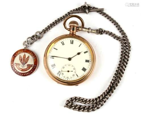 A silver double Albert pocket watch chain with gold plated open faced pocket watch and enamelled