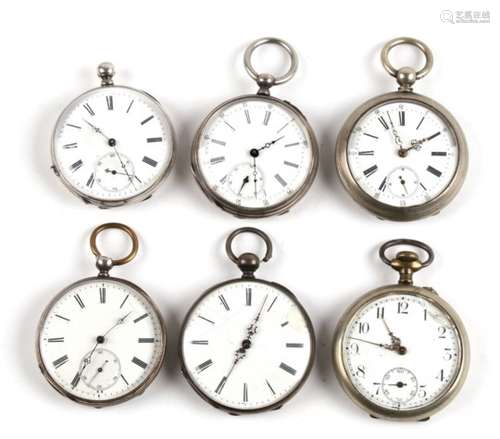 A group of six open face pocket watches