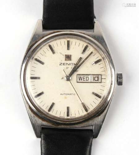 A Zenith steel automatic day date wristwatch.