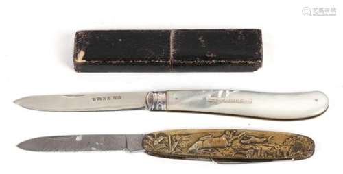 A Victorian silver and mother of pearl boxed fruit knife, Sheffield 1877; together with a brass