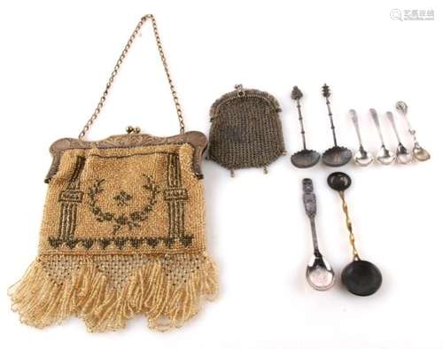 A German silver gilt mounted beaded purse; together with a group of spoons and other items.