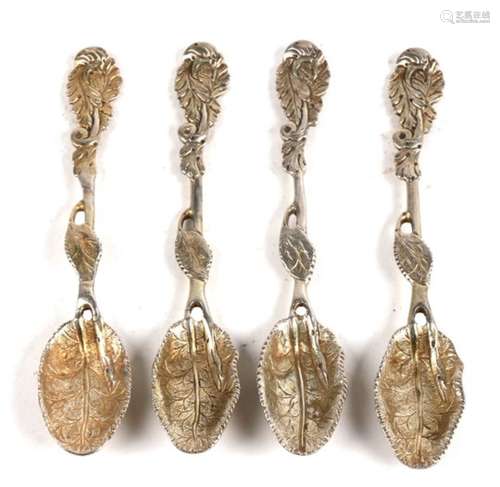 Four Victorian silver teaspoons, naturalistically cast as leaves with William Eley maker's mark.