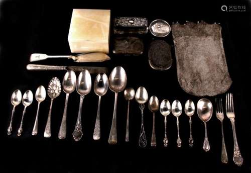 A quantity of silver items to include caddy spoons, a cigarette case, mesh purses and a silver