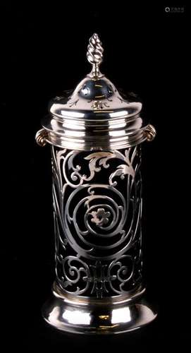 A Victorian pierced silver sugar caster with blue glass liner, London 1901, 19cms (7.5ins) high.