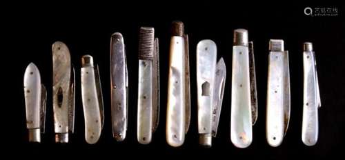 A group of ten fruit knives, eight with silver blades.