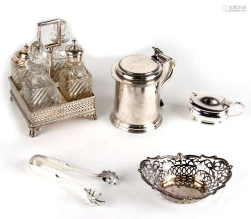 A silver plated lidded tankard; together with a silver plated cruet set and other items.