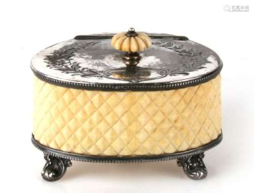 A Victorian silver plated tea caddy with ivory body and finial. 13cm 5ins wide.