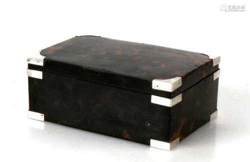 A white metal mounted tortoise shell box. 15cm (6ins) wide.