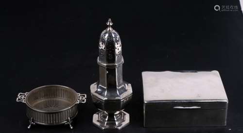 A silver sugar caster with indistinct Birmingham hallmark, 15cms (6ins) high; together with a silver