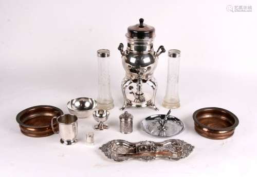 A pair of cut glass silver mounted vases, together with a pair of silver plated wine coasters; a