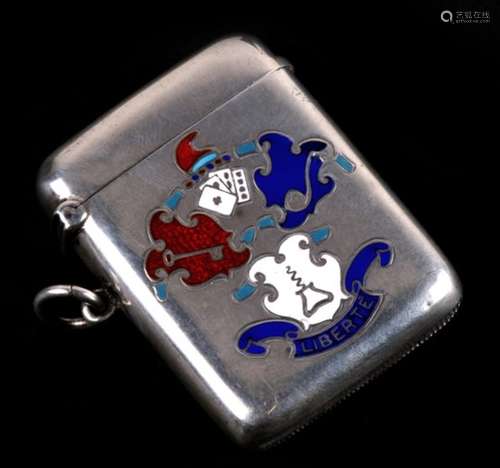 A novelty silver and enamel vesta match safe, with pseudo coat of arms. Vices of man: drinking,