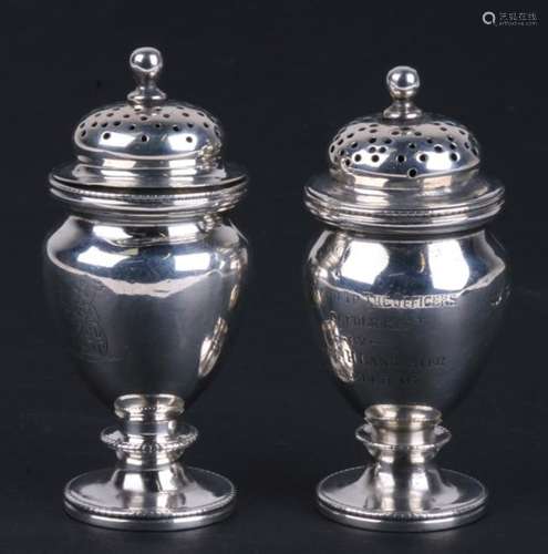 Military interest silver salt and pepper castors presented to the First Norfolk Regiment, by