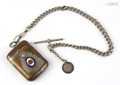 A white metal Albert chain with suspended silver love token for ‘Willie’ and a silver plated vesta